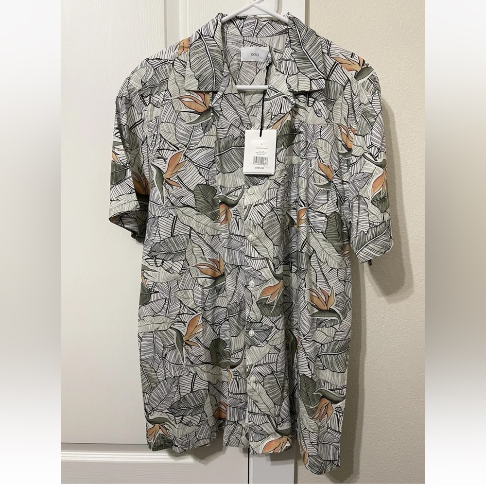 Onia Birds of Paradise Camp Short Sleeve Vacation Shirt Deep Sage Size Large